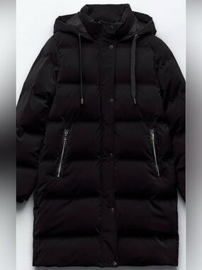 Zara Black Hooded Long Puffer Coat